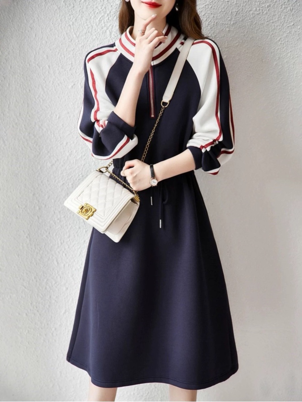 Navy Zip-Up Sleeve Stripe Casual Dress - Picture 2 of 6